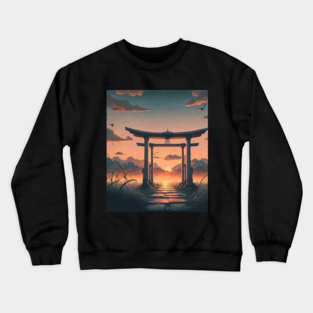 A Japanese Tori Gate view during Sunset - Anime Drawing Crewneck Sweatshirt by AnimeVision